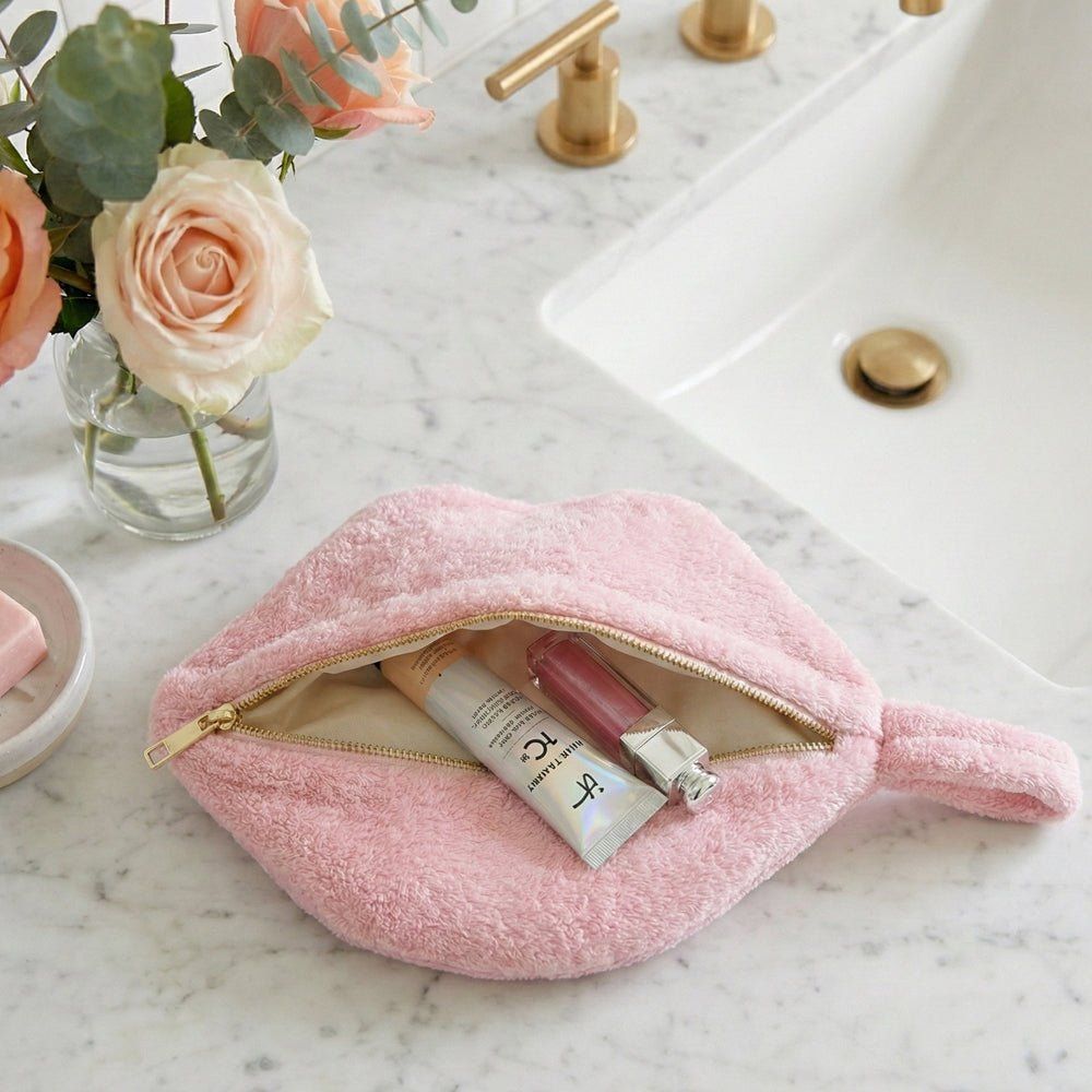 Trousse de toilette en éponge bouche Poule House rose