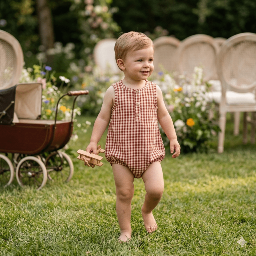 Barboteuse bébé garçon BB&CO vichy pêche cognac