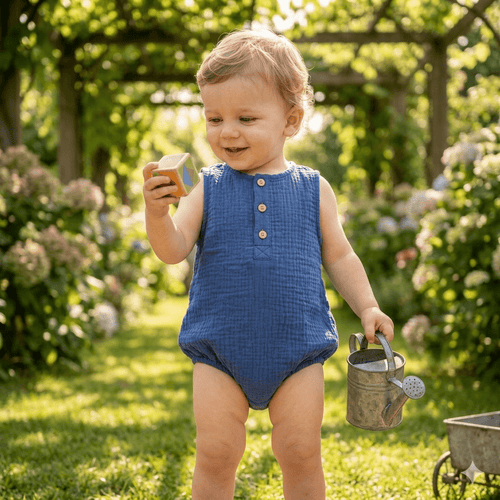 Barboteuse bébé garçon BB&CO gaze coton pierre bleue