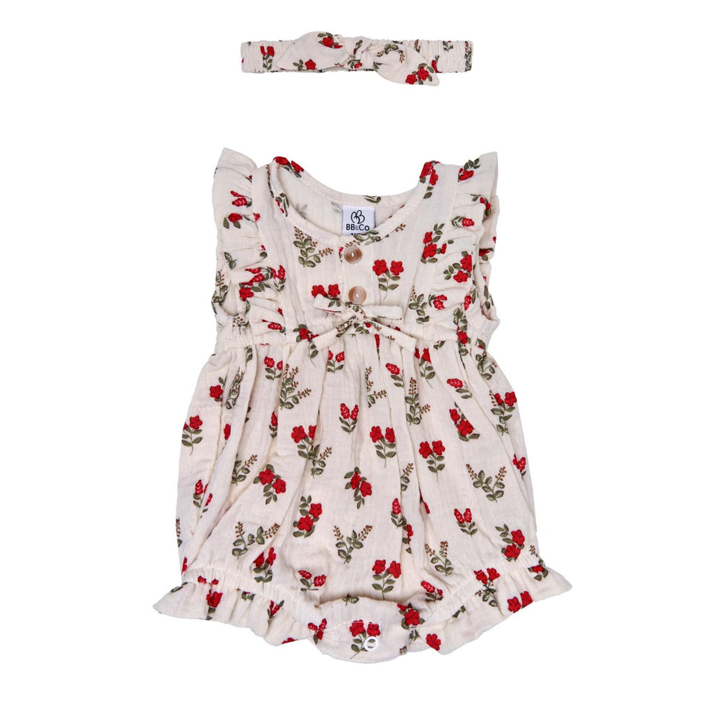 Barboteuse bébé fille et bandeau BB&CO gaze coton fleur