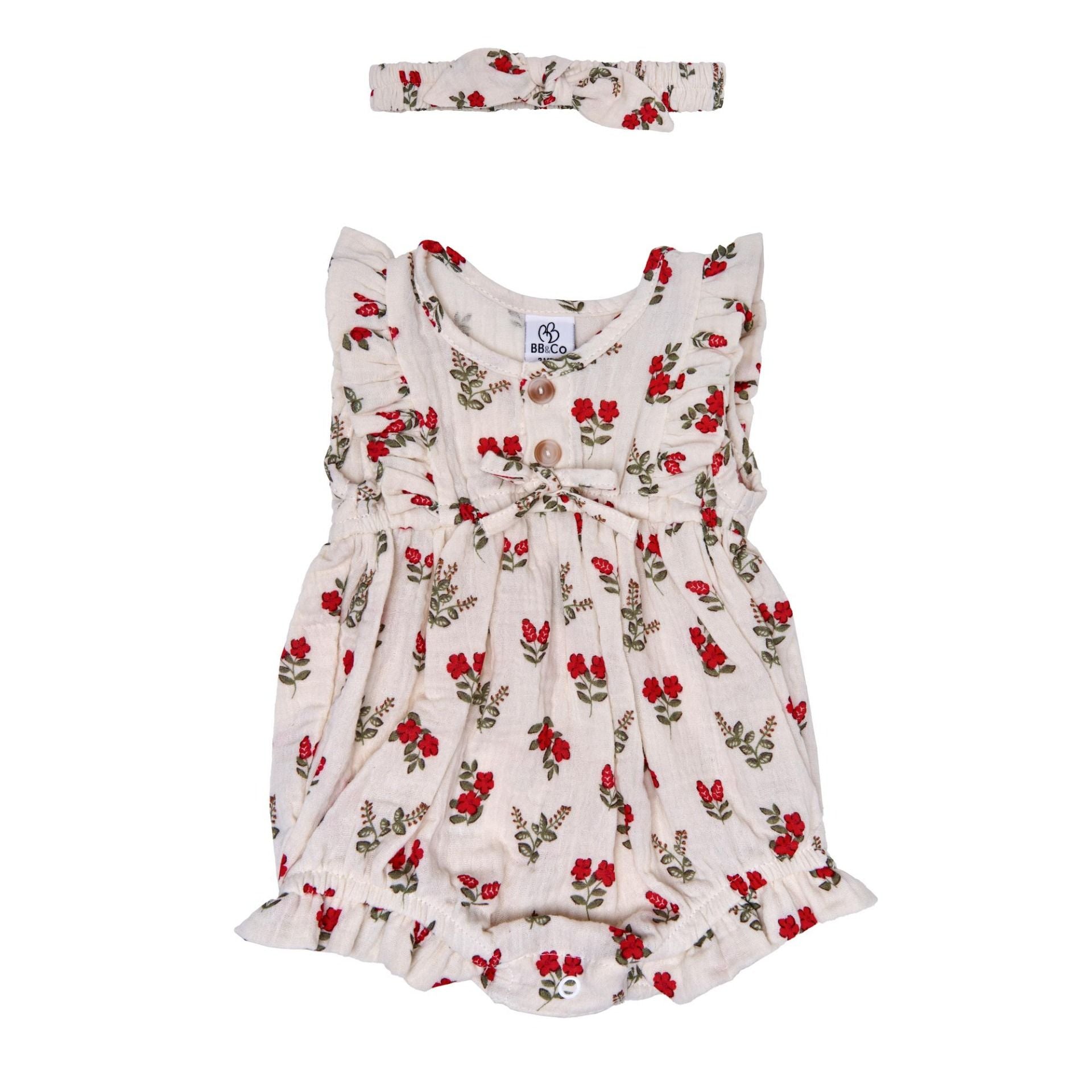 Barboteuse bébé fille et bandeau BB&CO gaze coton fleur