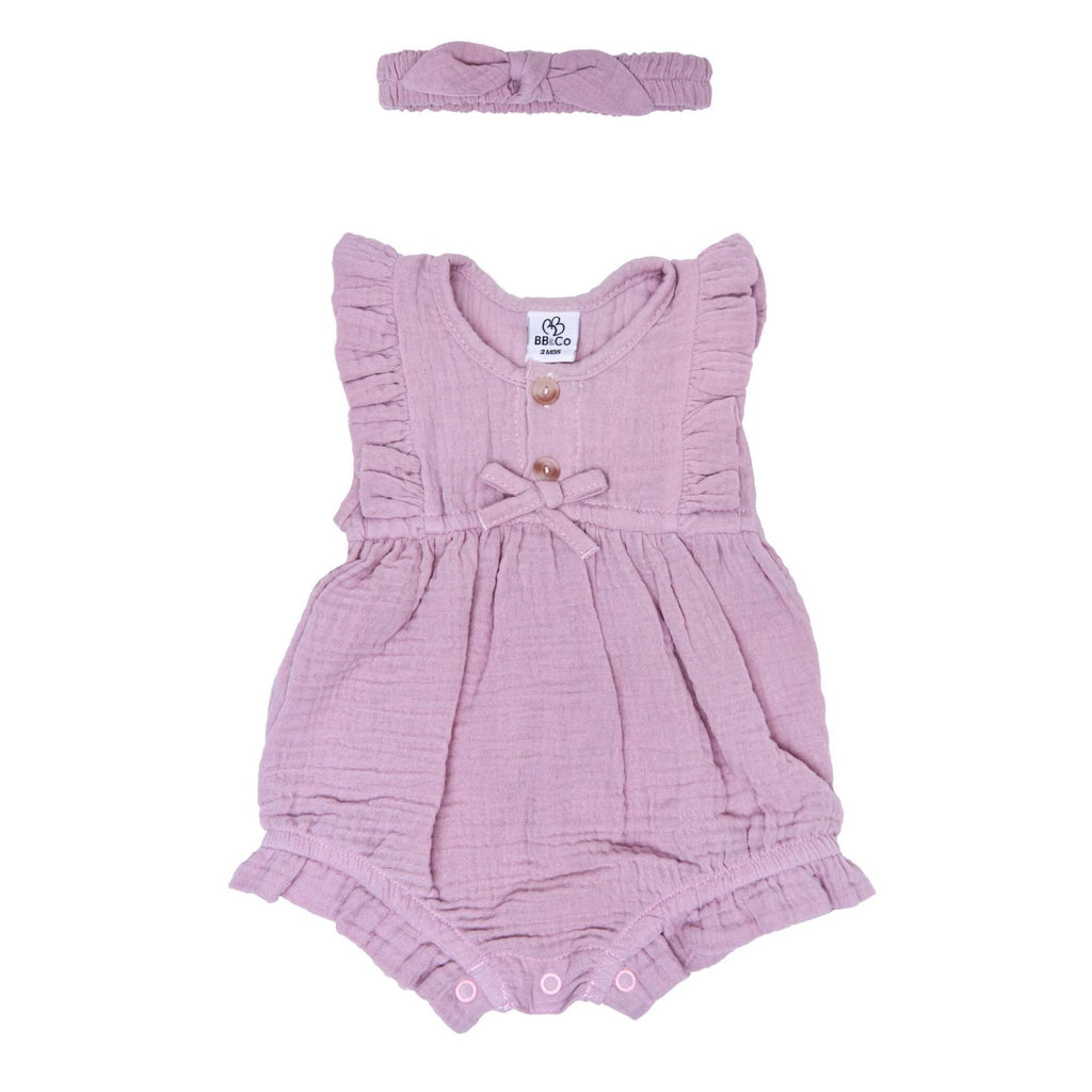 Barboteuse bébé fille et bandeau BB&CO gaze coton rose
