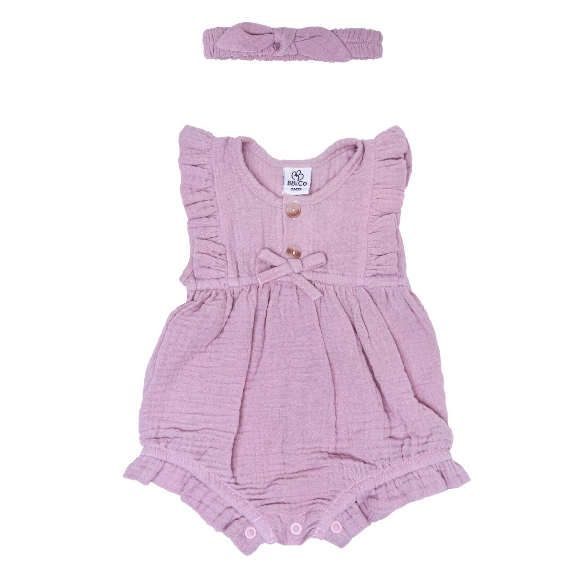 Barboteuse bébé fille et bandeau BB&CO gaze coton rose