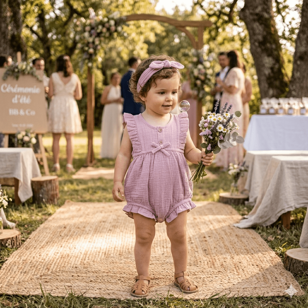 Barboteuse bébé fille et bandeau BB&CO gaze coton rose