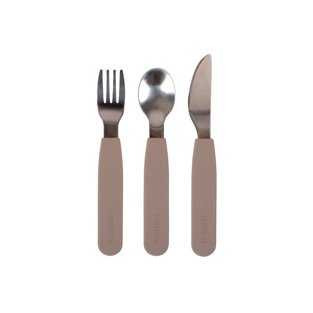 Ensemble couverts silicone acier enfant Filibabba taupe