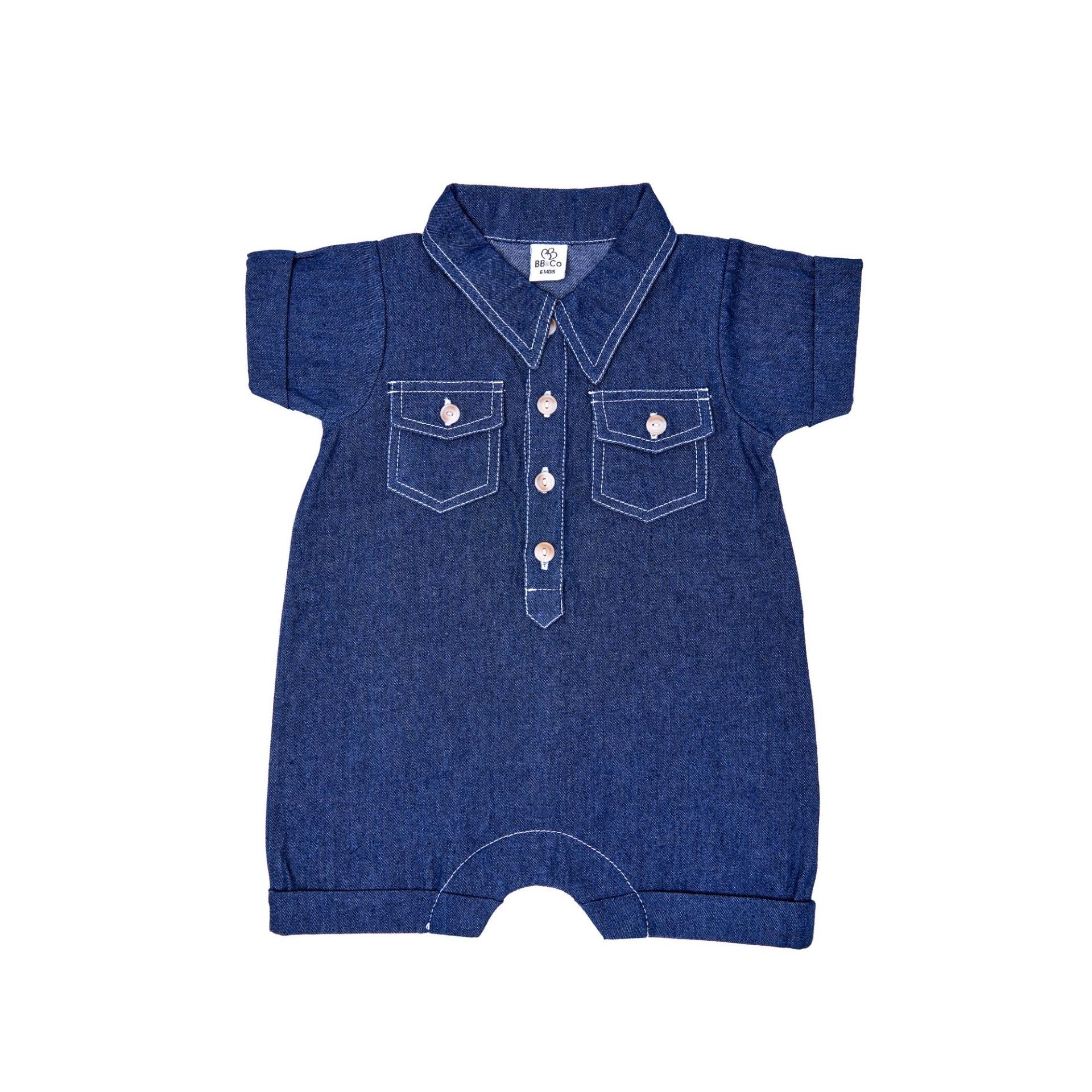 Combishort col chemise bébé BB&CO chambray bleu jean
