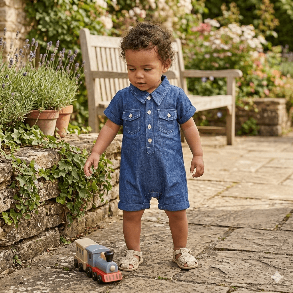 Combishort col chemise bébé BB&CO chambray bleu jean