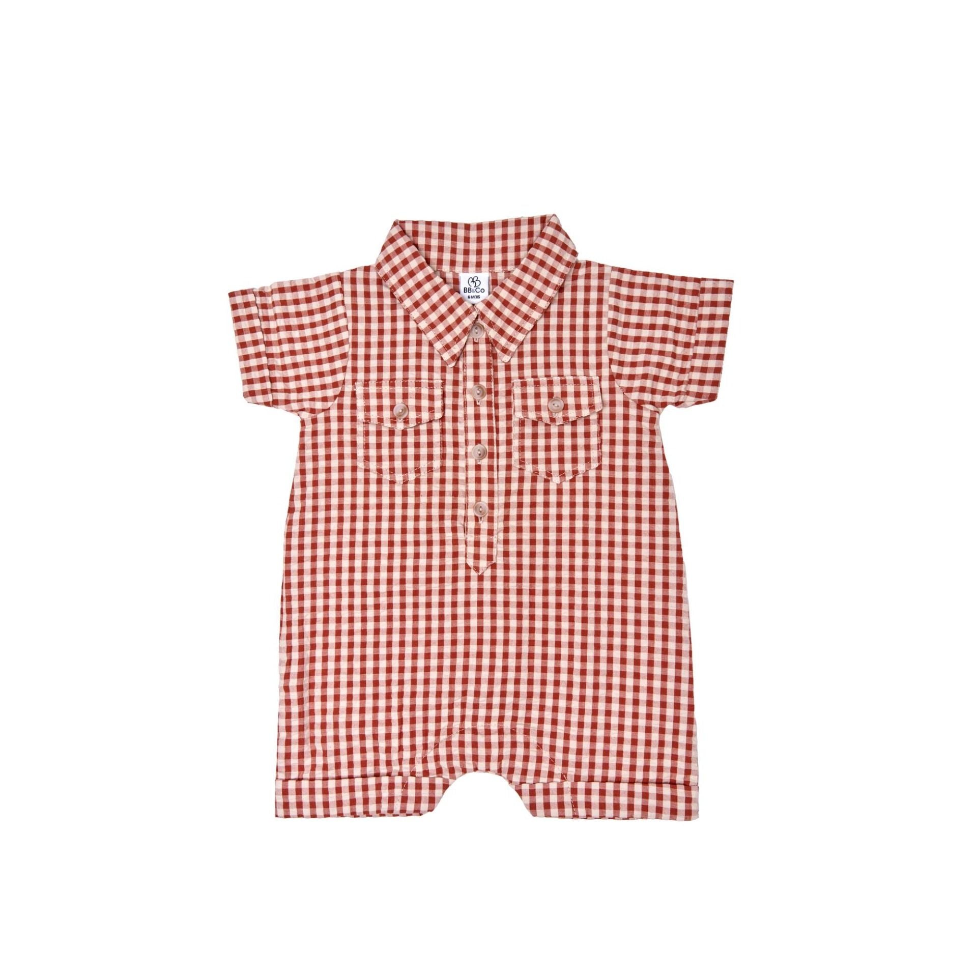 Combishort col chemise bébé BB&CO Vichy pêche cognac