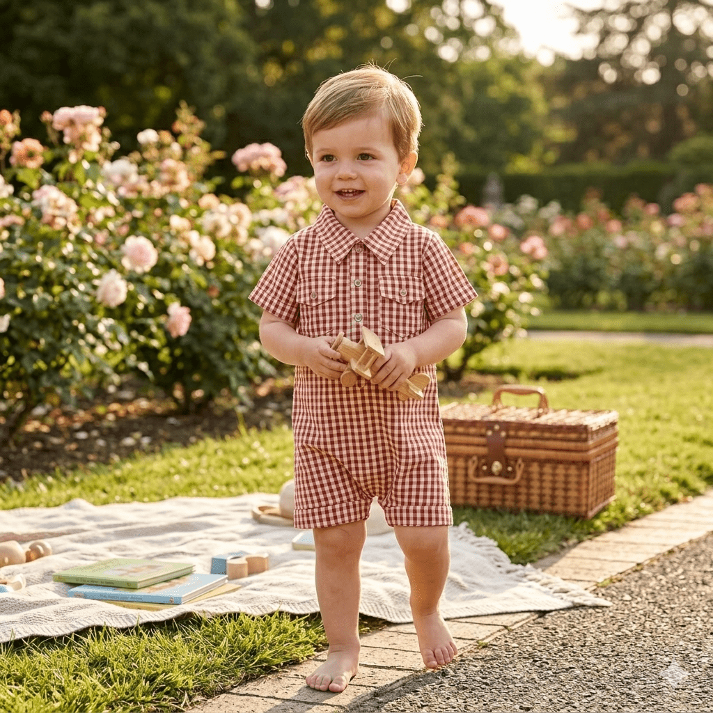 Combishort col chemise bébé BB&CO Vichy pêche cognac