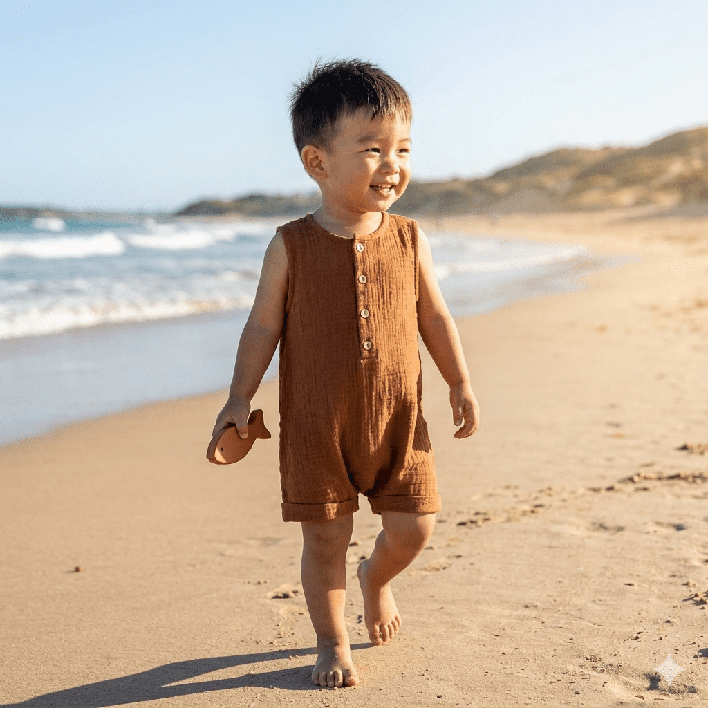 Combishort sans manches bébé BB&CO gaze coton havane