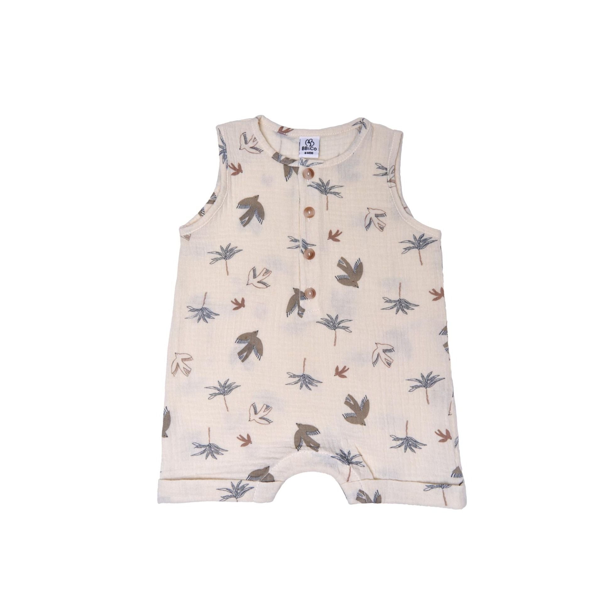 Combishort sans manches bébé BB&CO gaze coton oiseaux