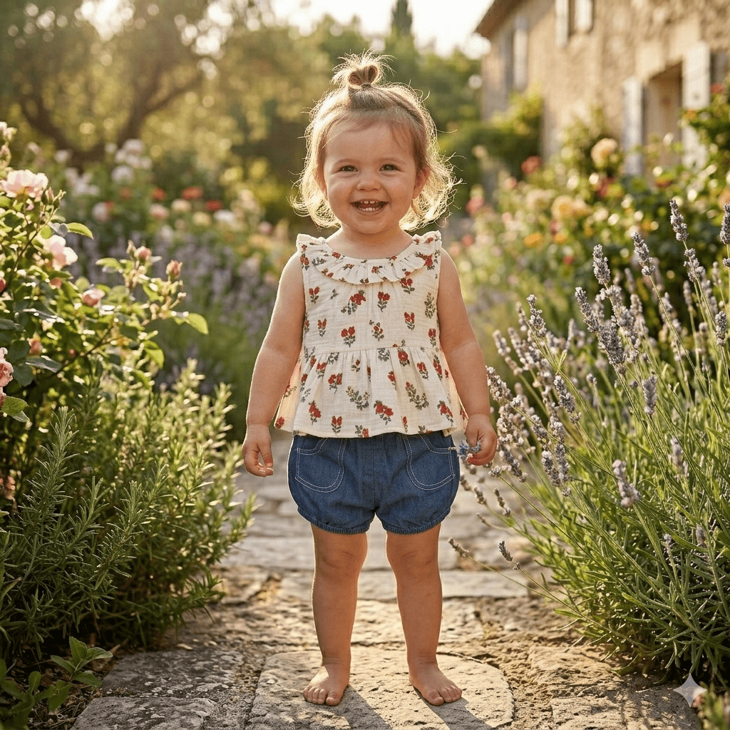 Ensemble blouse et short bébé fille BB&CO fleurie jean