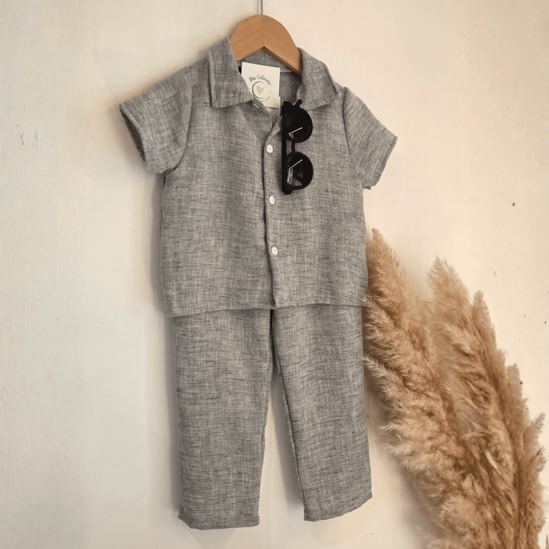 Ensemble Garçon Chemise Pantalon Gris Chiné Effet Lin