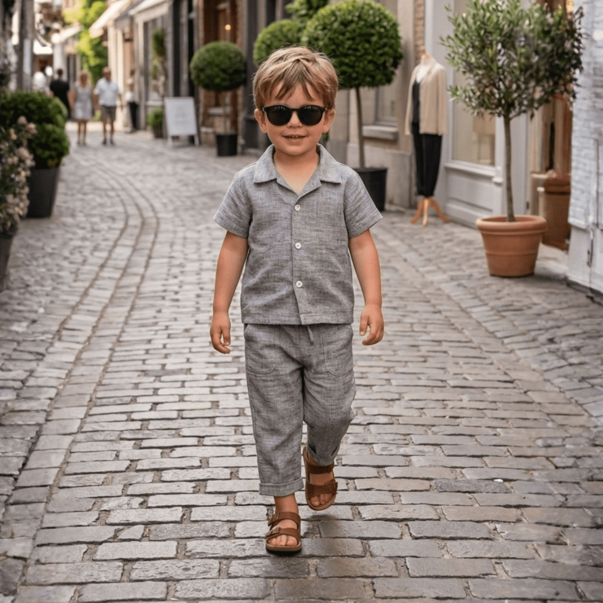Ensemble Garçon Chemise Pantalon Gris Chiné Effet Lin