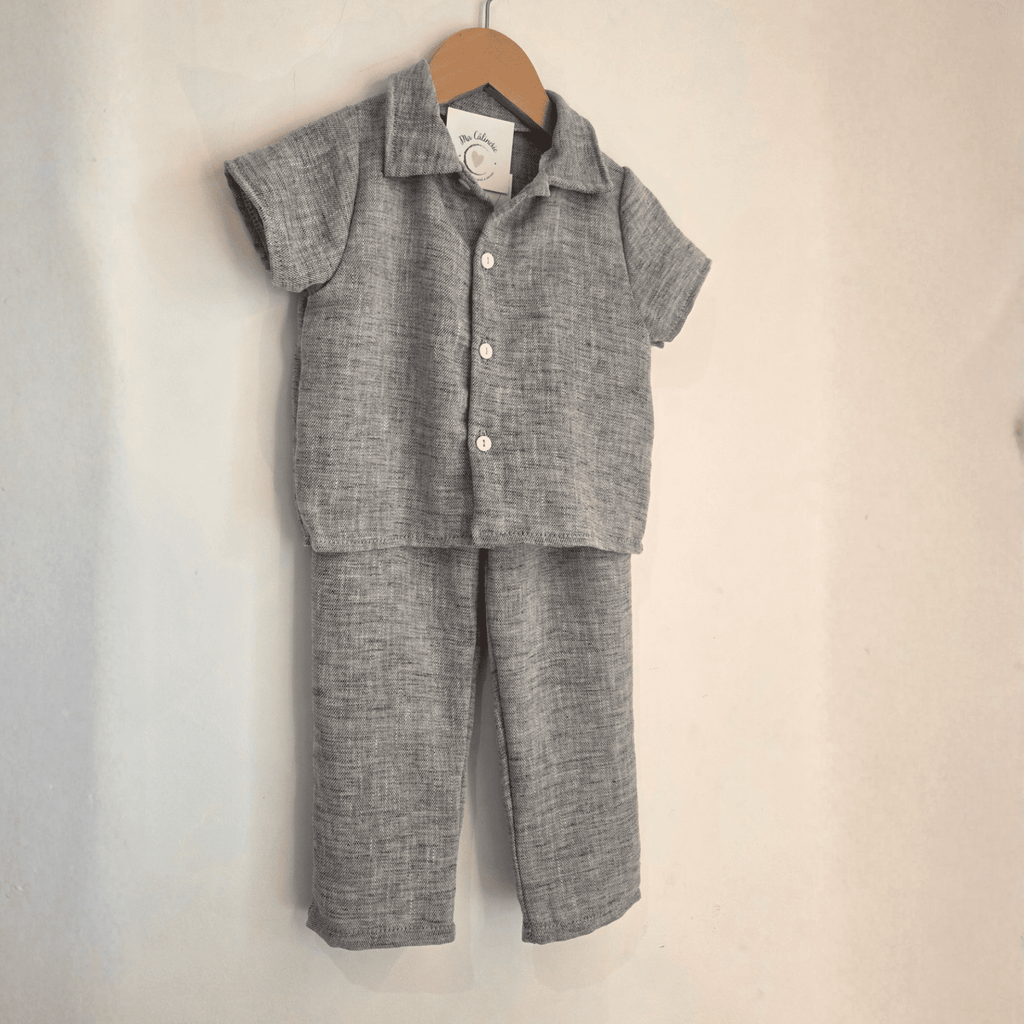 Ensemble Garçon Chemise Pantalon Gris Chiné Effet Lin