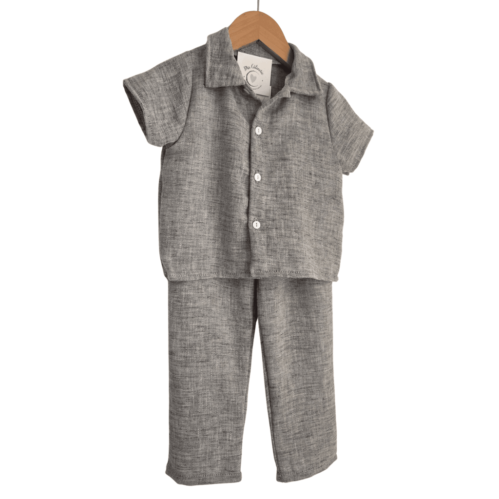 Ensemble Garçon Chemise Pantalon Gris Chiné Effet Lin