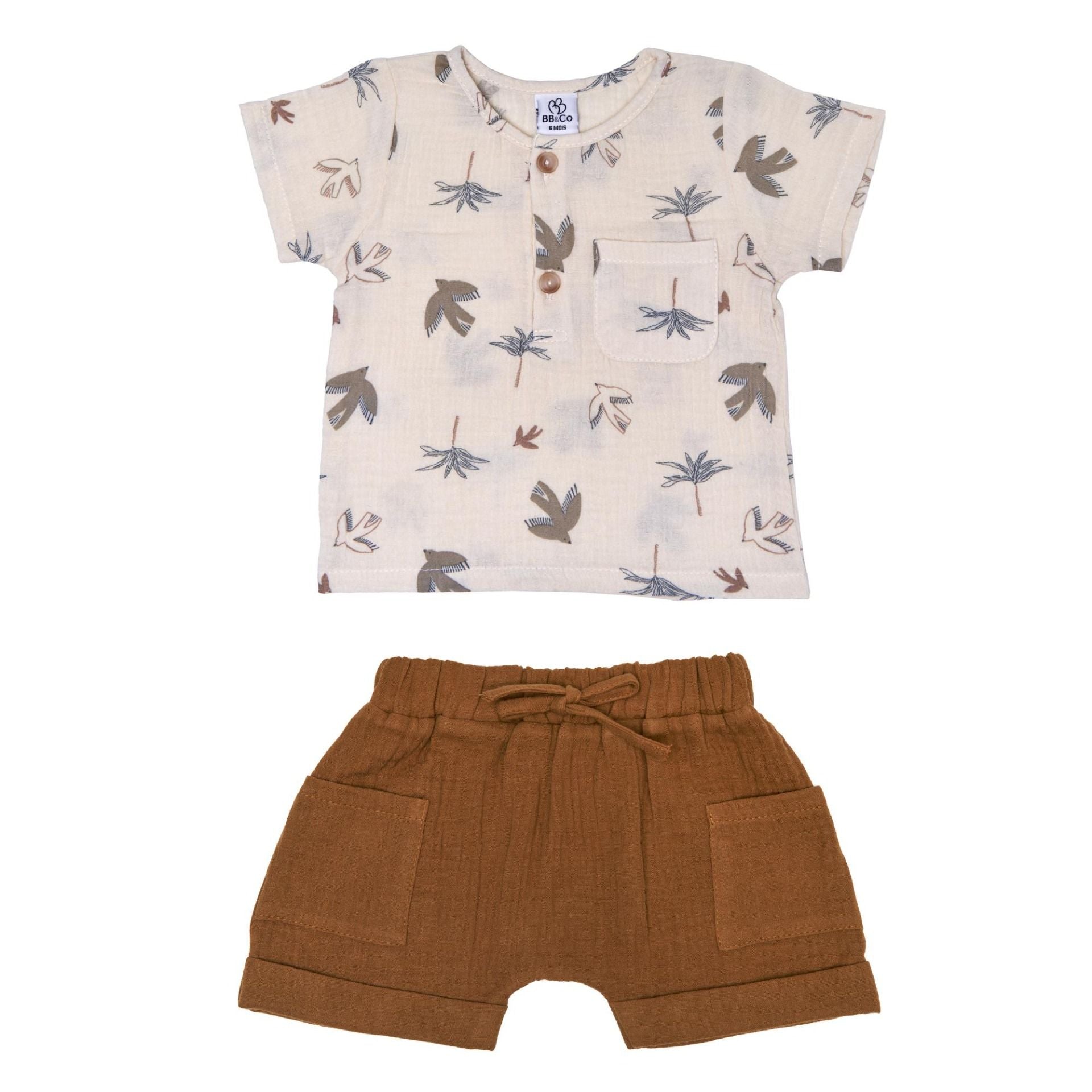 Ensemble coton top et short garçon BB&CO oiseaux havane
