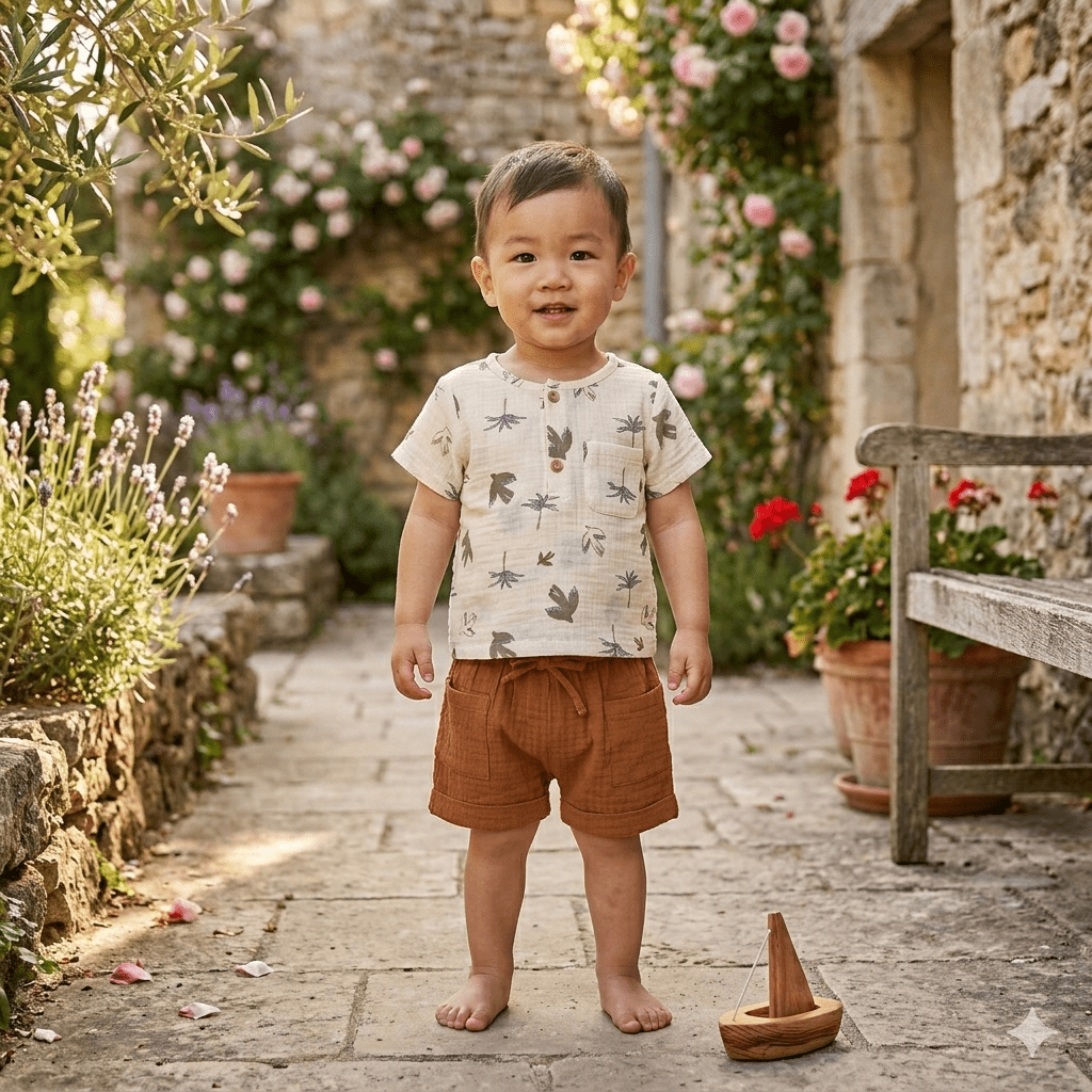 Ensemble coton top et short garçon BB&CO oiseaux havane