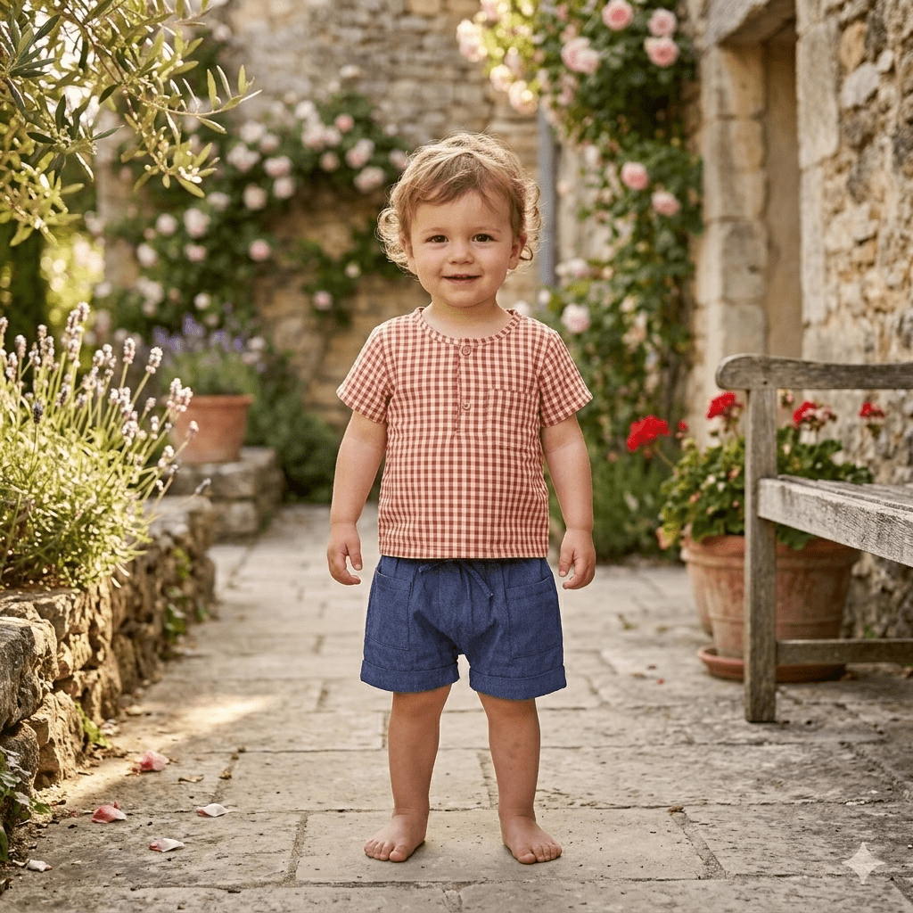 Ensemble coton top et short garçon BB&CO vichy jean