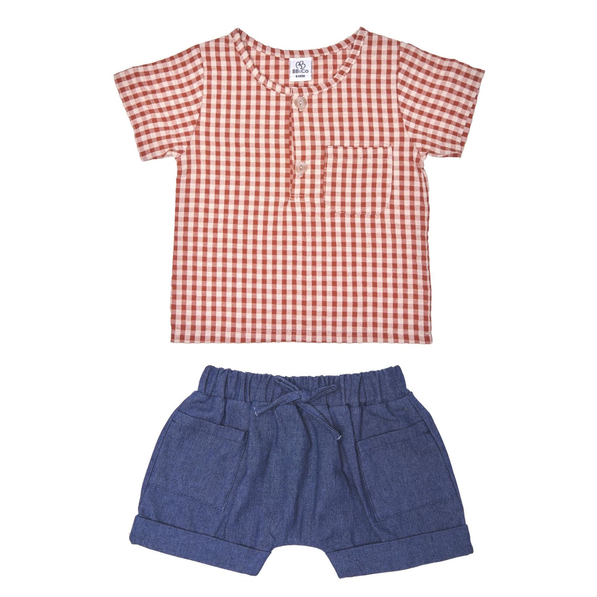 Ensemble coton top et short garçon BB&CO vichy jean