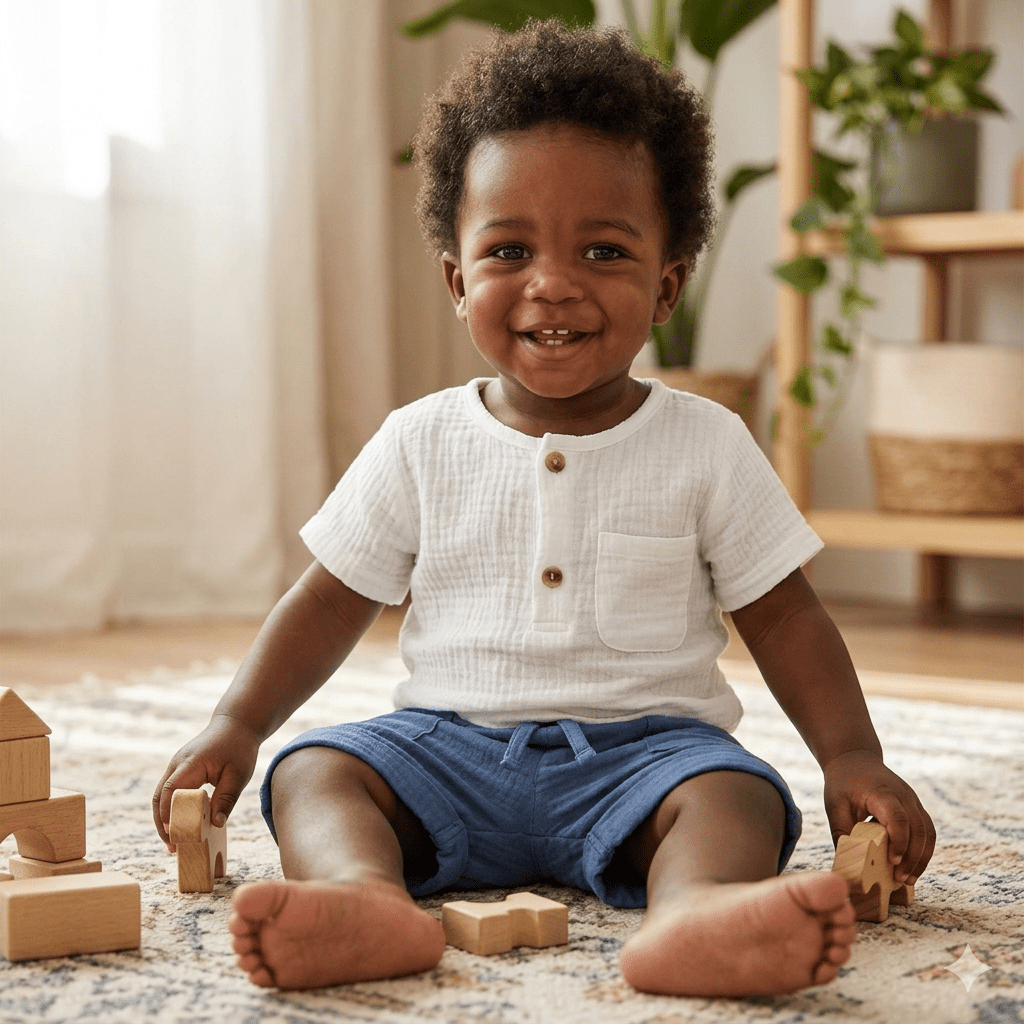 Ensemble coton top et short garçon BB&CO blanc bleu