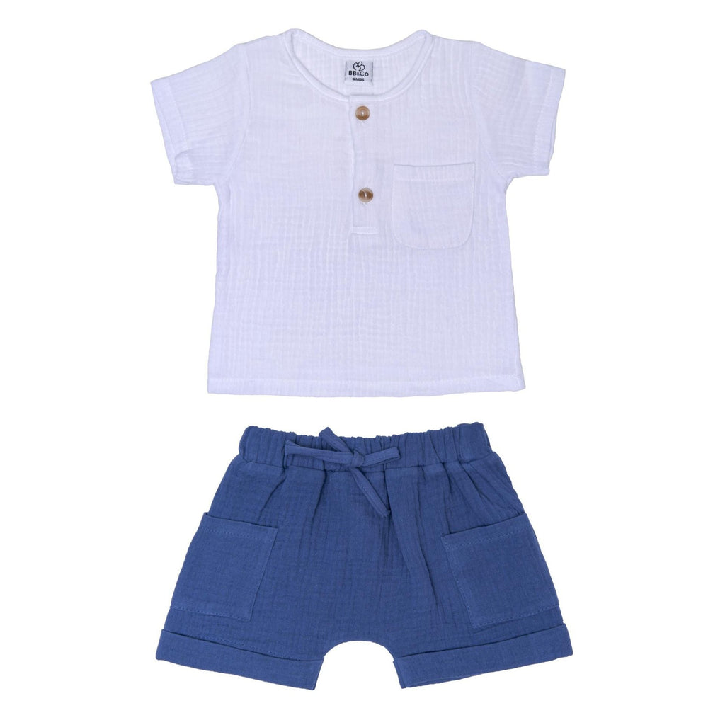 Ensemble coton top et short garçon BB&CO blanc bleu