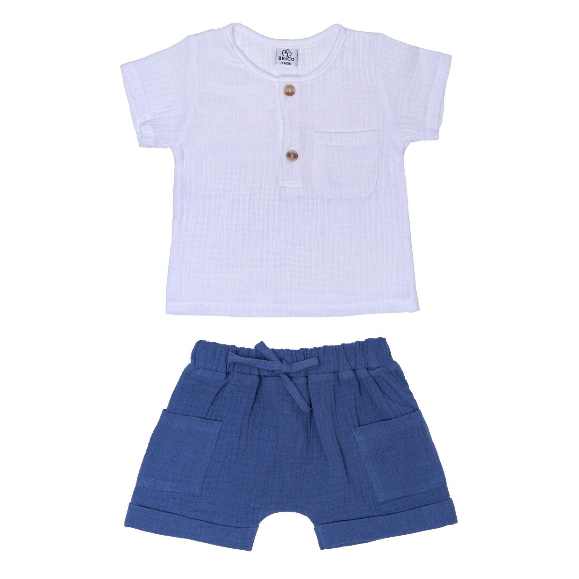 Ensemble coton top et short garçon BB&CO blanc bleu