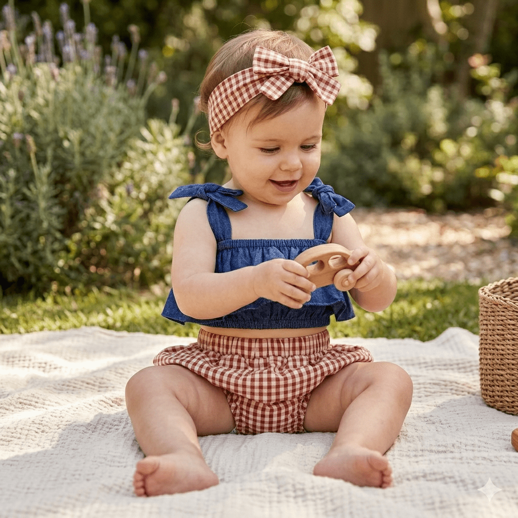 Ensemble top, short et bandeau fille BB&CO vichy jean