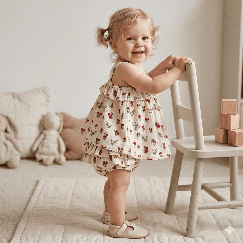 Robe évasée bretelles bébé fille BB&CO fleurs rouges