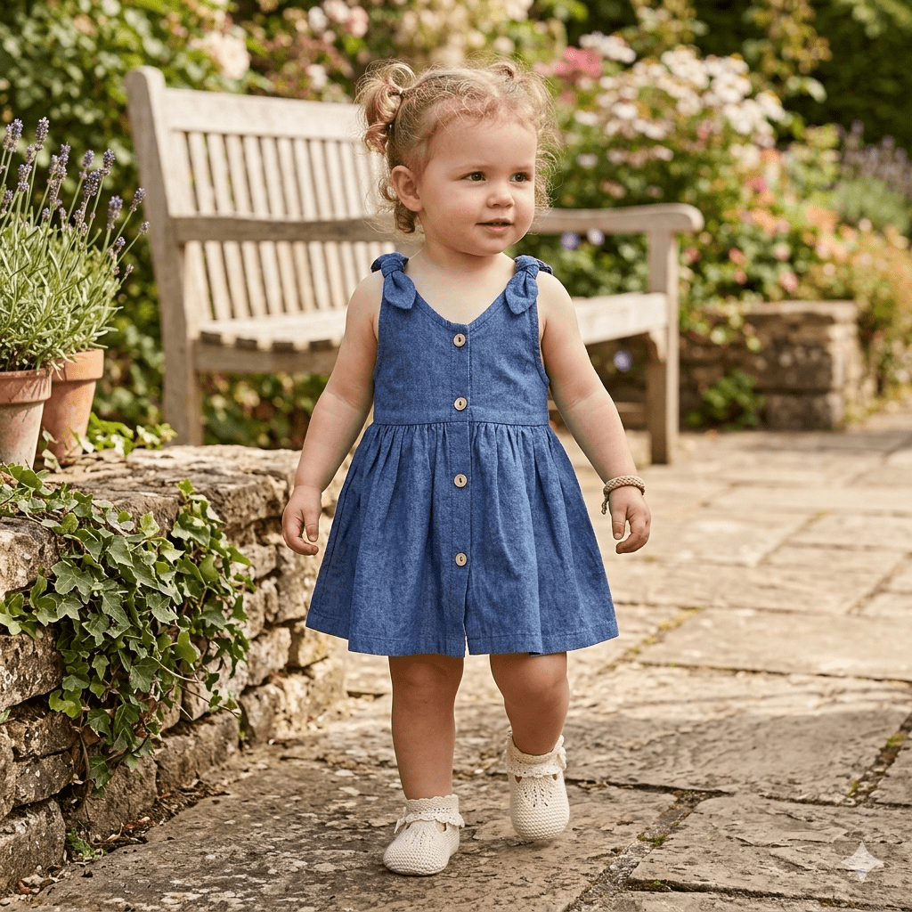 Robe évasée petits noeuds bébé fille BB&CO bleu jean
