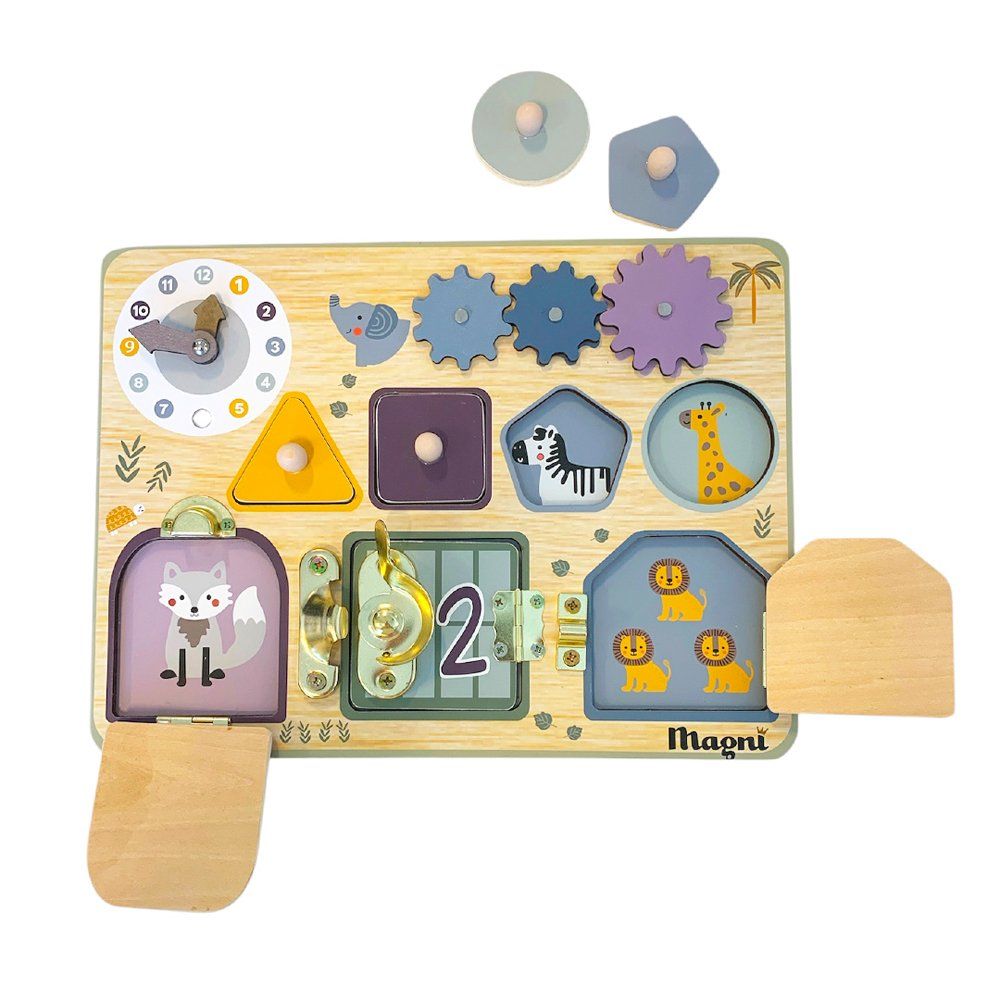 Tableau d'éveil Montessori verrous et engrenages Magni