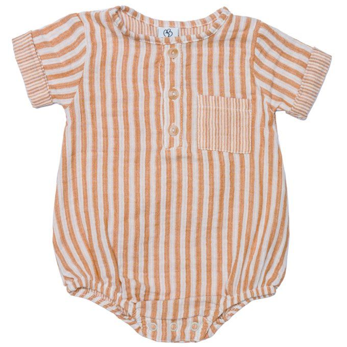 Barboteuse bébé garçon BB&CO gaze de coton rayé caramel
