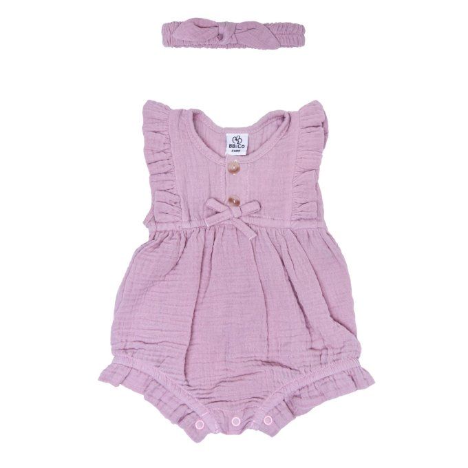 Barboteuse bébé fille et bandeau BB&CO gaze coton rose