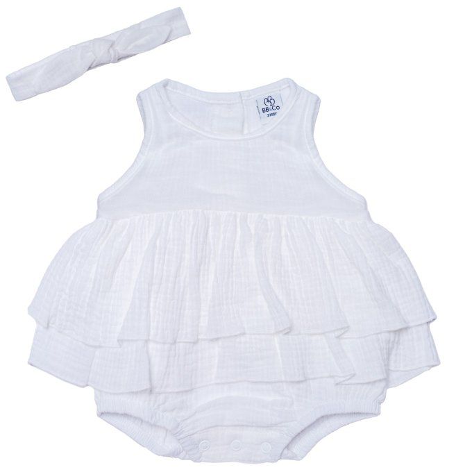 Barboteuse bébé fille et bandeau BB&CO gaze coton blanc