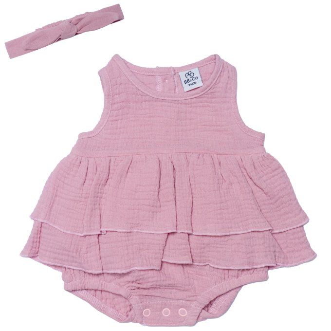 Barboteuse bébé fille et bandeau BB&CO gaze coton rose