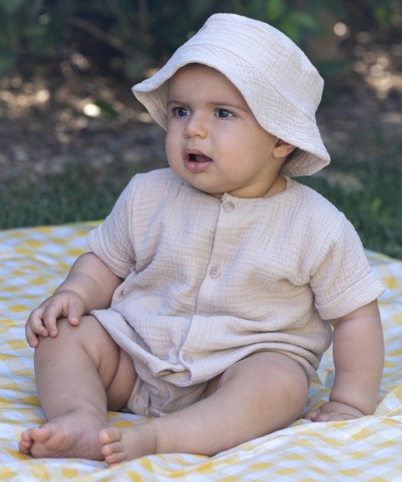 combishort manches courtes bébé BB&CO gaze coton beige