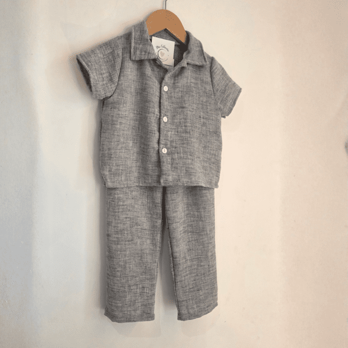 Ensemble Garçon Chemise Pantalon Gris Chiné Effet Lin