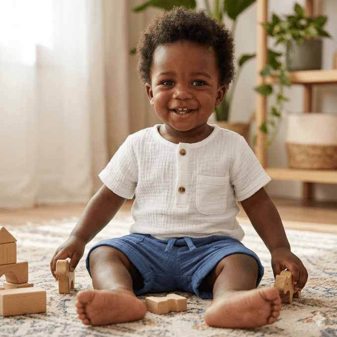 Ensemble coton top et short garçon BB&CO blanc bleu