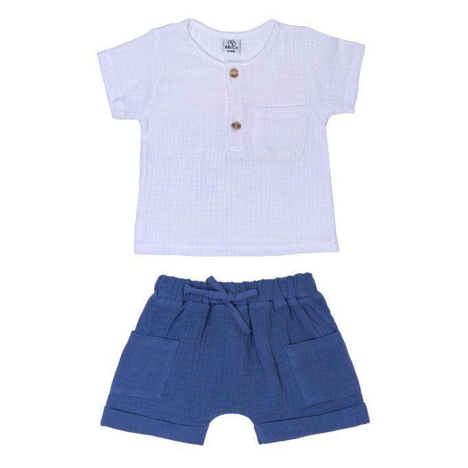 Ensemble coton top et short garçon BB&CO blanc bleu