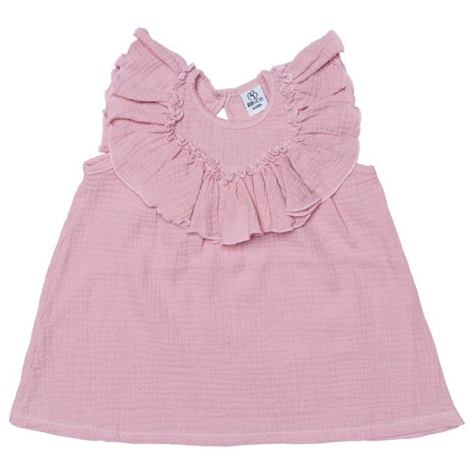 Robe évasée volantée bébé fille BB&CO gaze coton rose