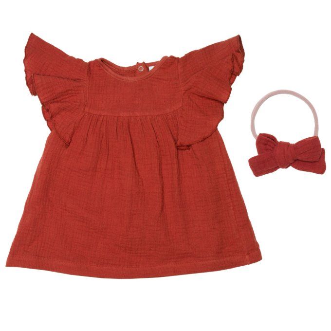 Robe bébé fille et son bandeau BB&CO gaze coton tomette