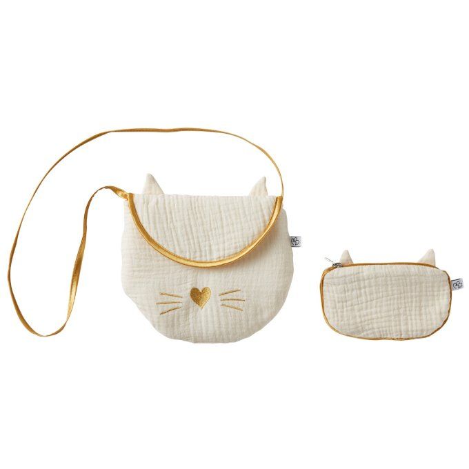 Sac bandoulière+porte-monnaie fillette BB&CO chat écru