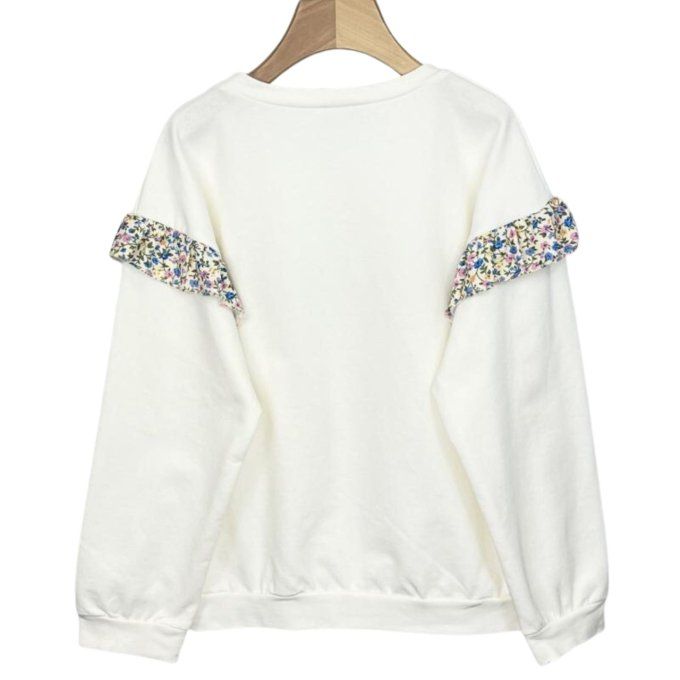 Sweat coton volant fleuri fille blanc