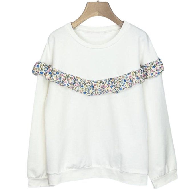 Sweat coton volant fleuri fille blanc